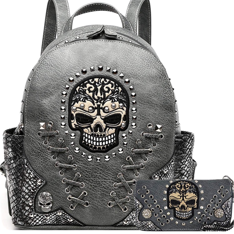 2 Set Skull Punk Art Rivet Stud Backpack Python